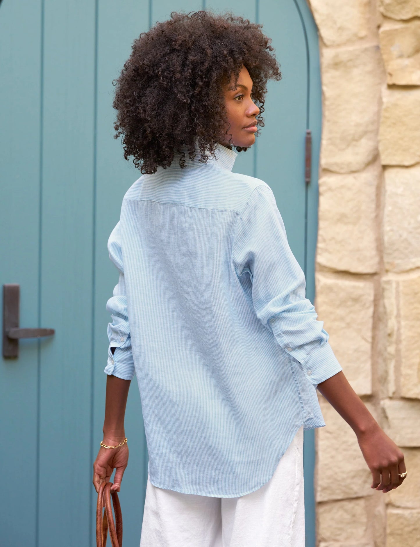 Frank and Eileen Eileen Stripe Linen Shirt in Turquoise size S