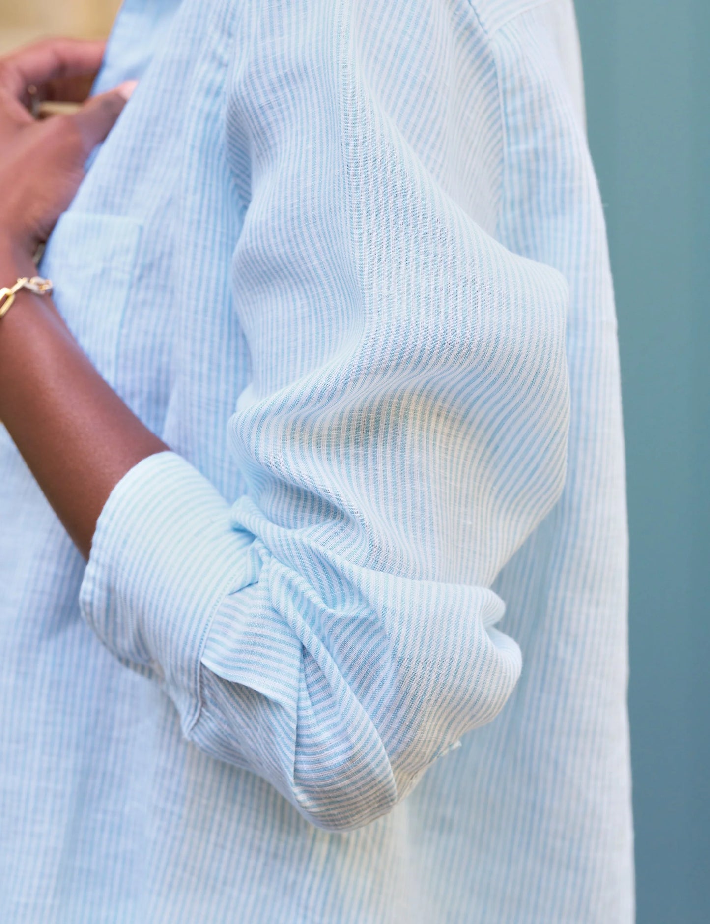 Frank and Eileen Eileen Stripe Linen Shirt in Turquoise size S