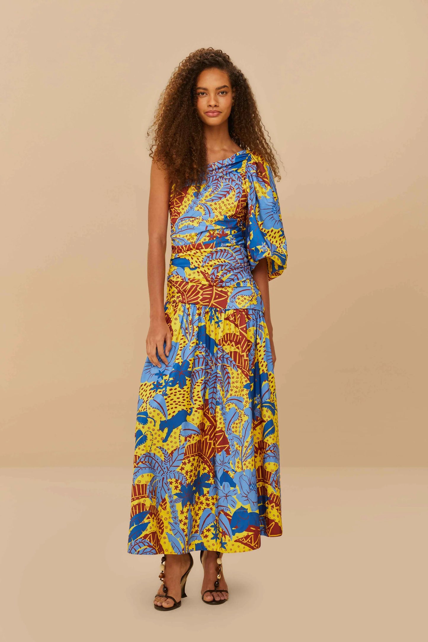 Farm Rio Yellow Jungle Panther Midi Dress One Shoulder size S