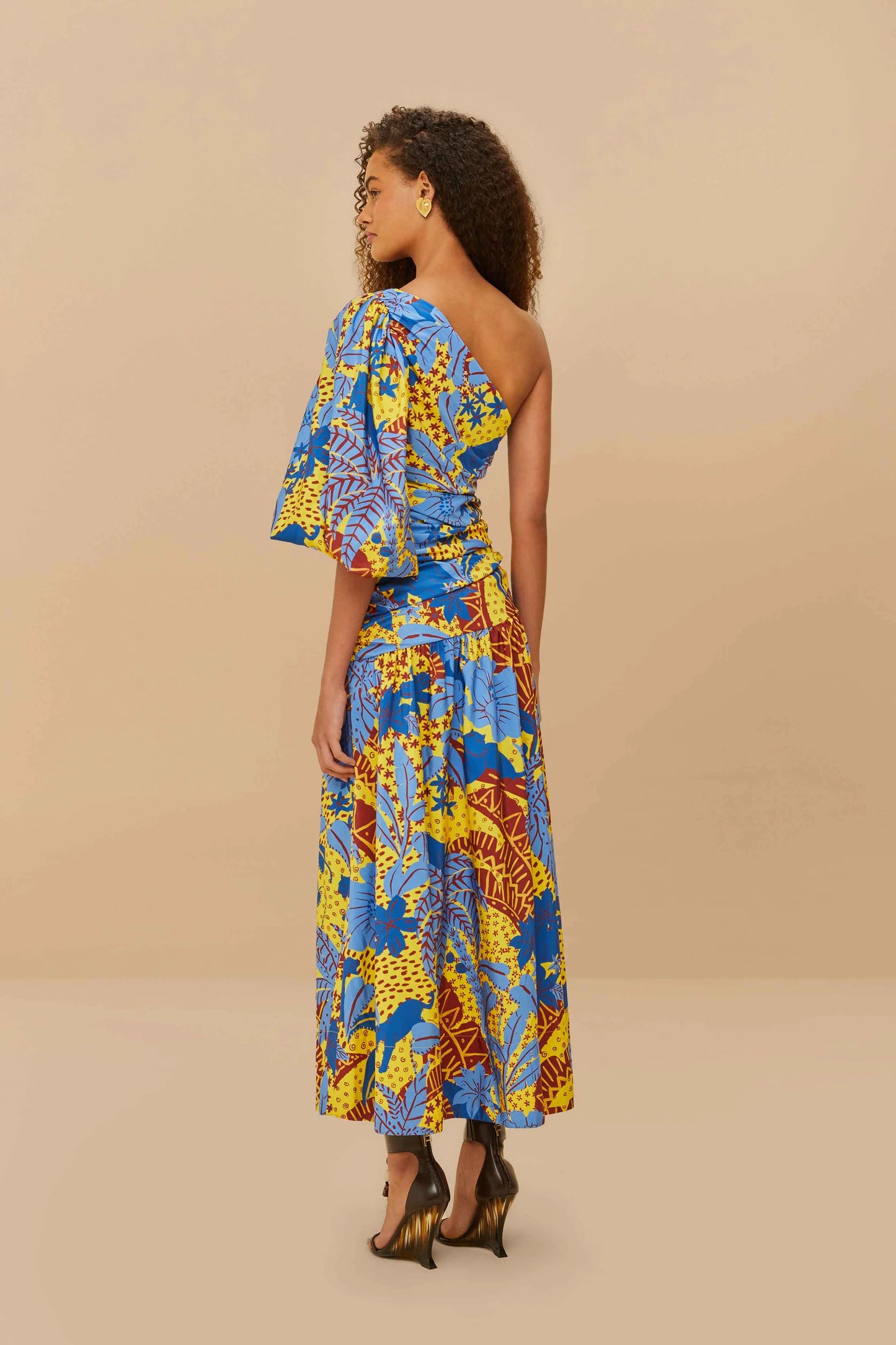 Farm Rio Yellow Jungle Panther Midi Dress One Shoulder size S