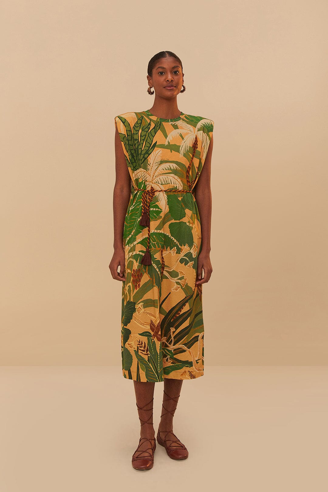 Farm Rio Tropical Isla Padded Shoulders Midi Dress size S