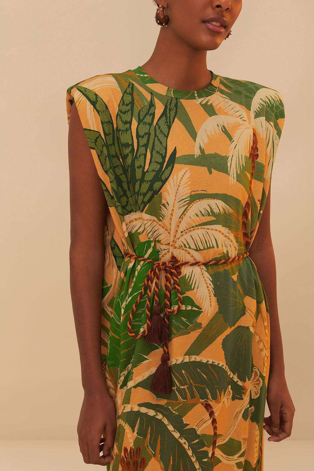 Farm Rio Tropical Isla Padded Shoulders Midi Dress size S