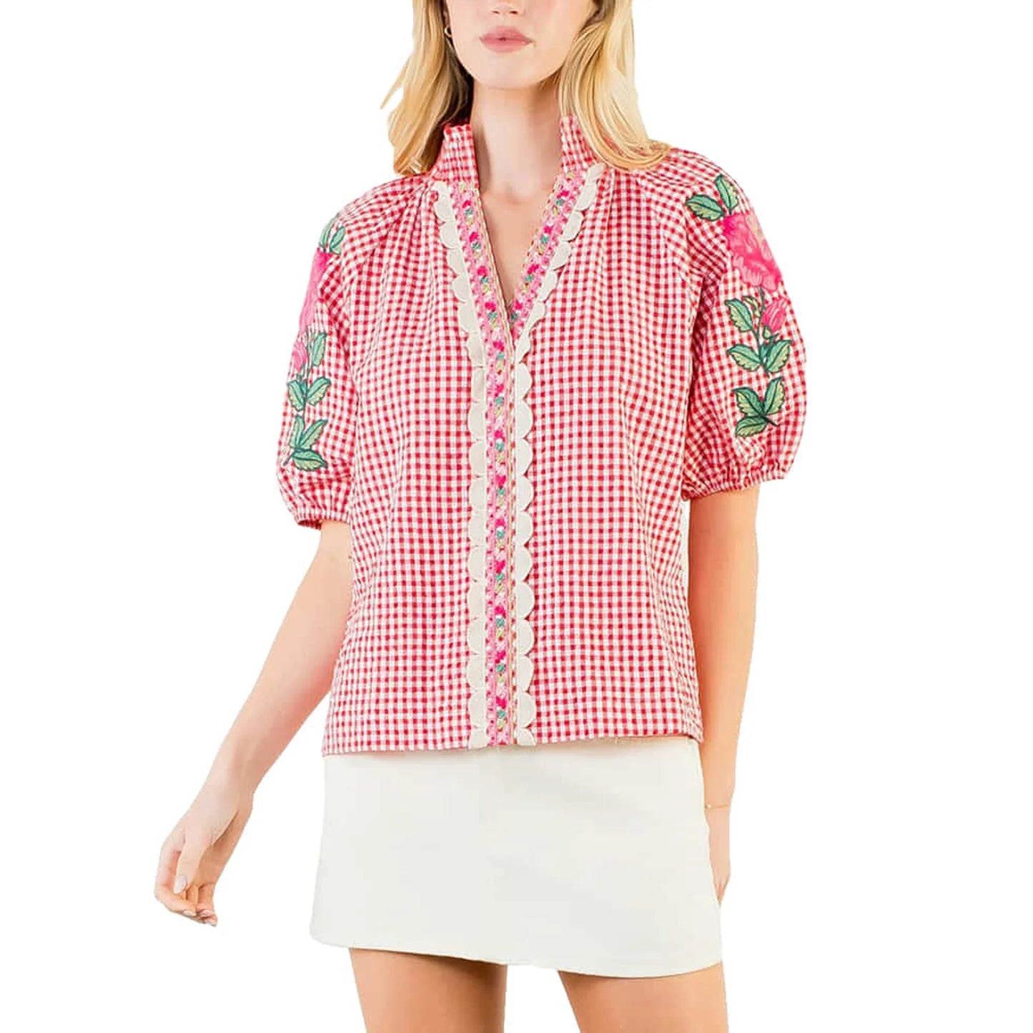 THML Gingham Detail Sleeve Top size S