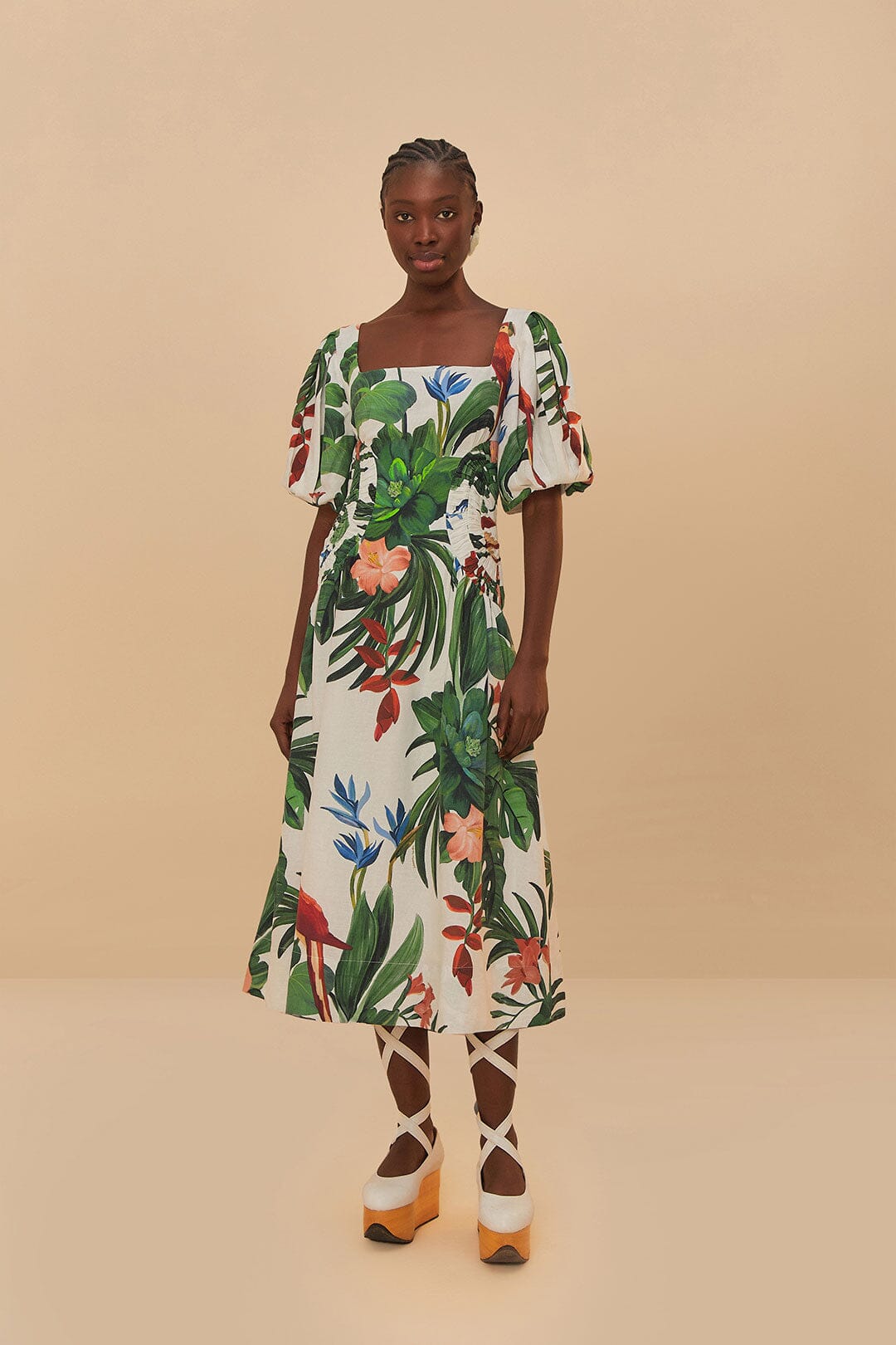 Farm Rio Midnight Macaw Fiesta Linen Blend Puff-Sleeve Midi Dress size M