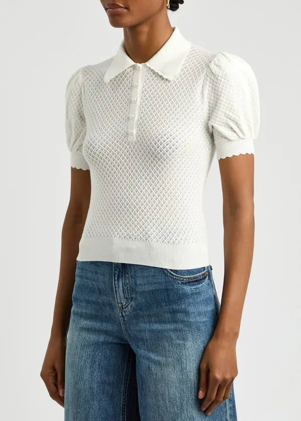 Alice and Olivia Ramona Pointelle Knit Polo Shirt size S
