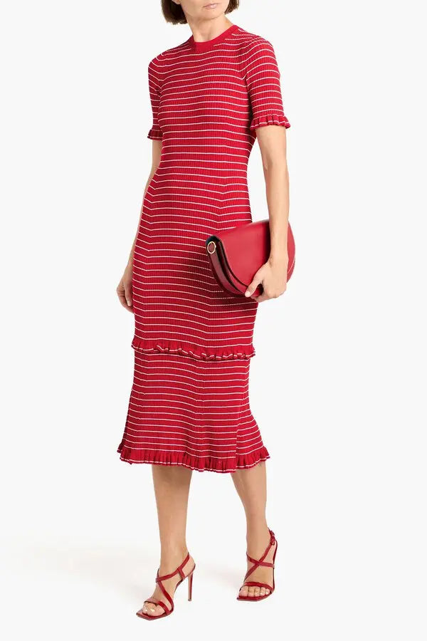 Altuzarra Red Delpini Stripe Ruffle Trim Midi Dress size M