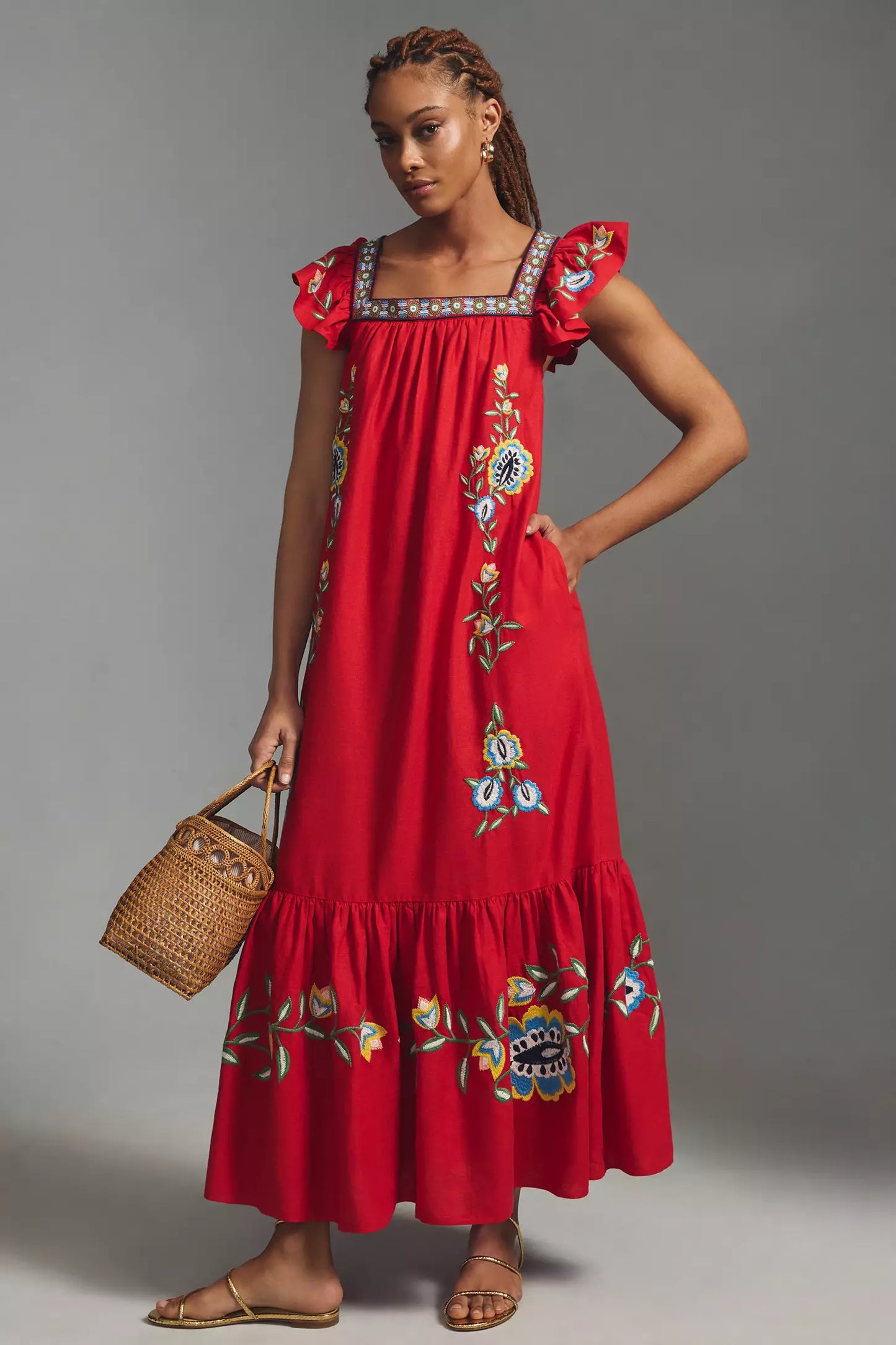 Farm Rio Embroidered Square-Neck Red Dress size XS