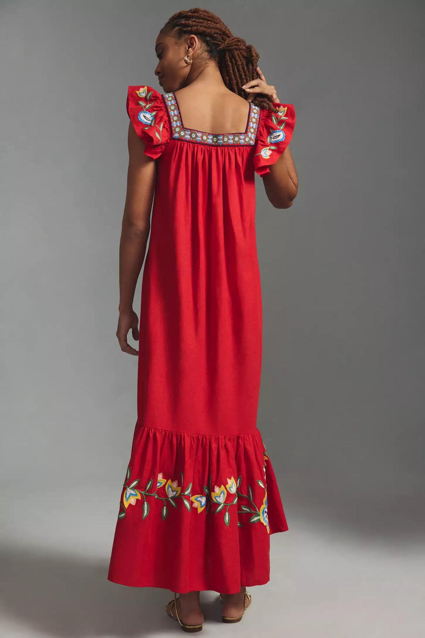 Farm Rio Embroidered Square-Neck Red Dress size XS