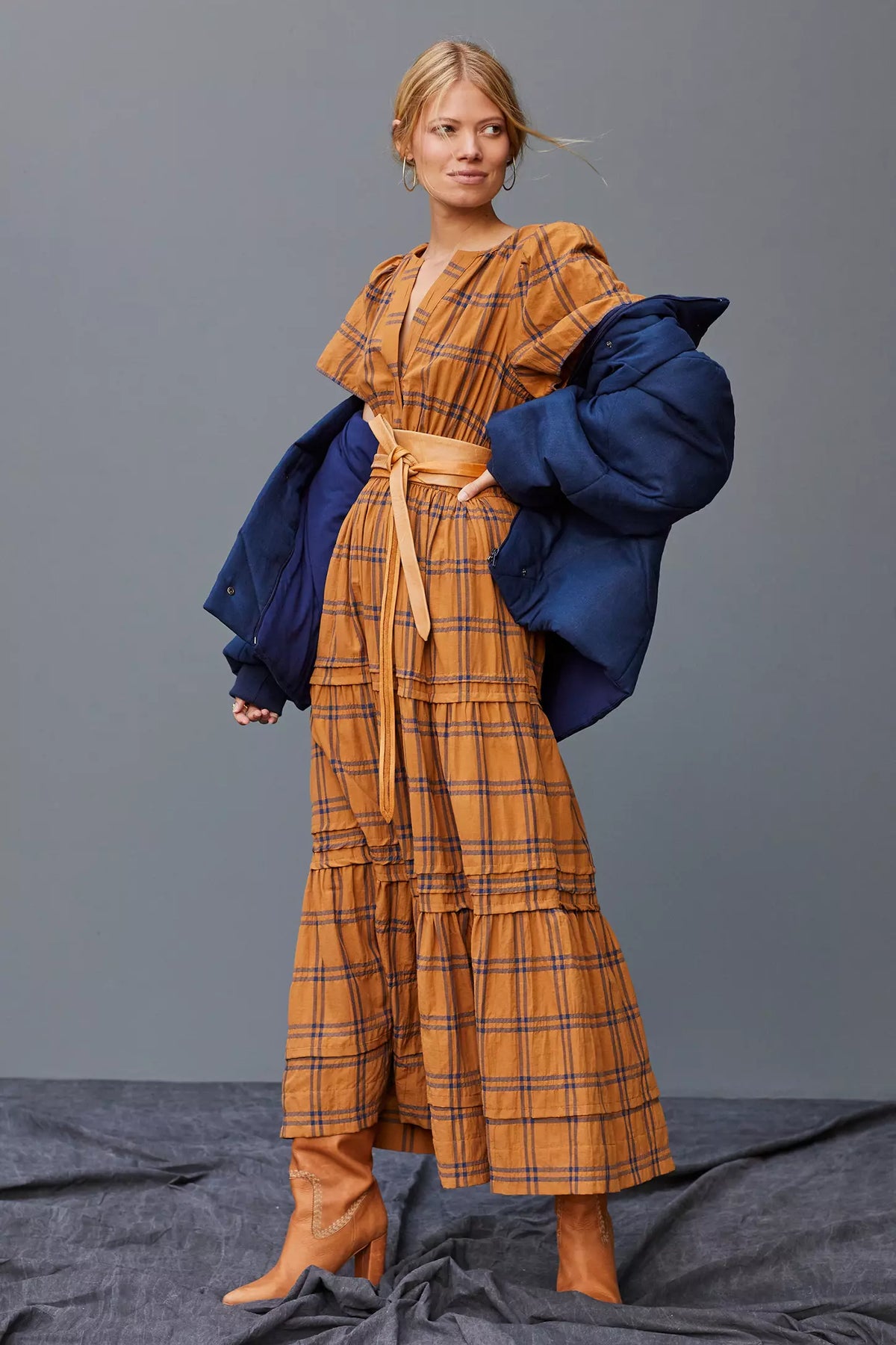 Anthropologie Maeve Somerset Maxi Dress in Mustard Plaid size XS