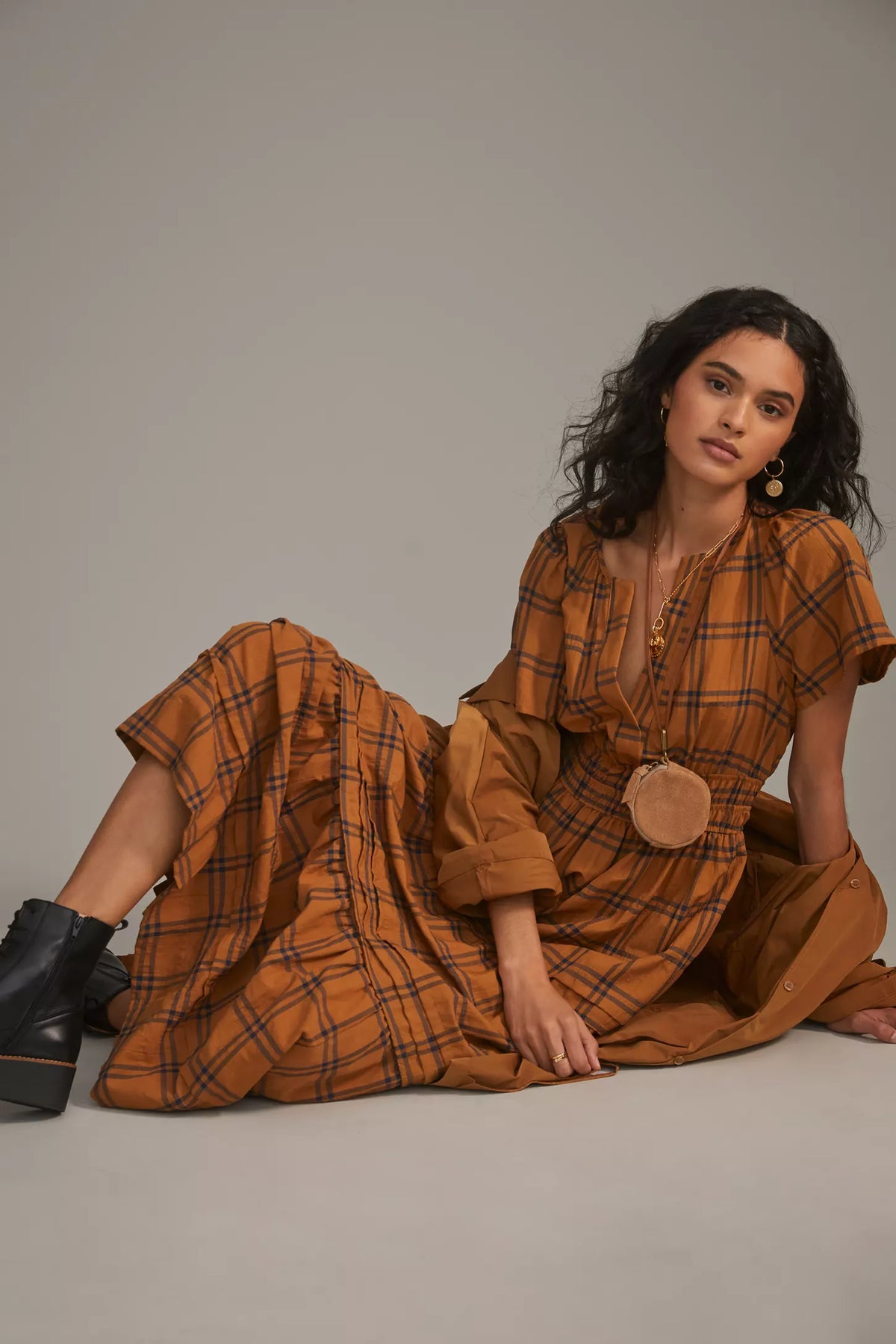 Anthropologie Maeve Somerset Maxi Dress in Mustard Plaid size XS