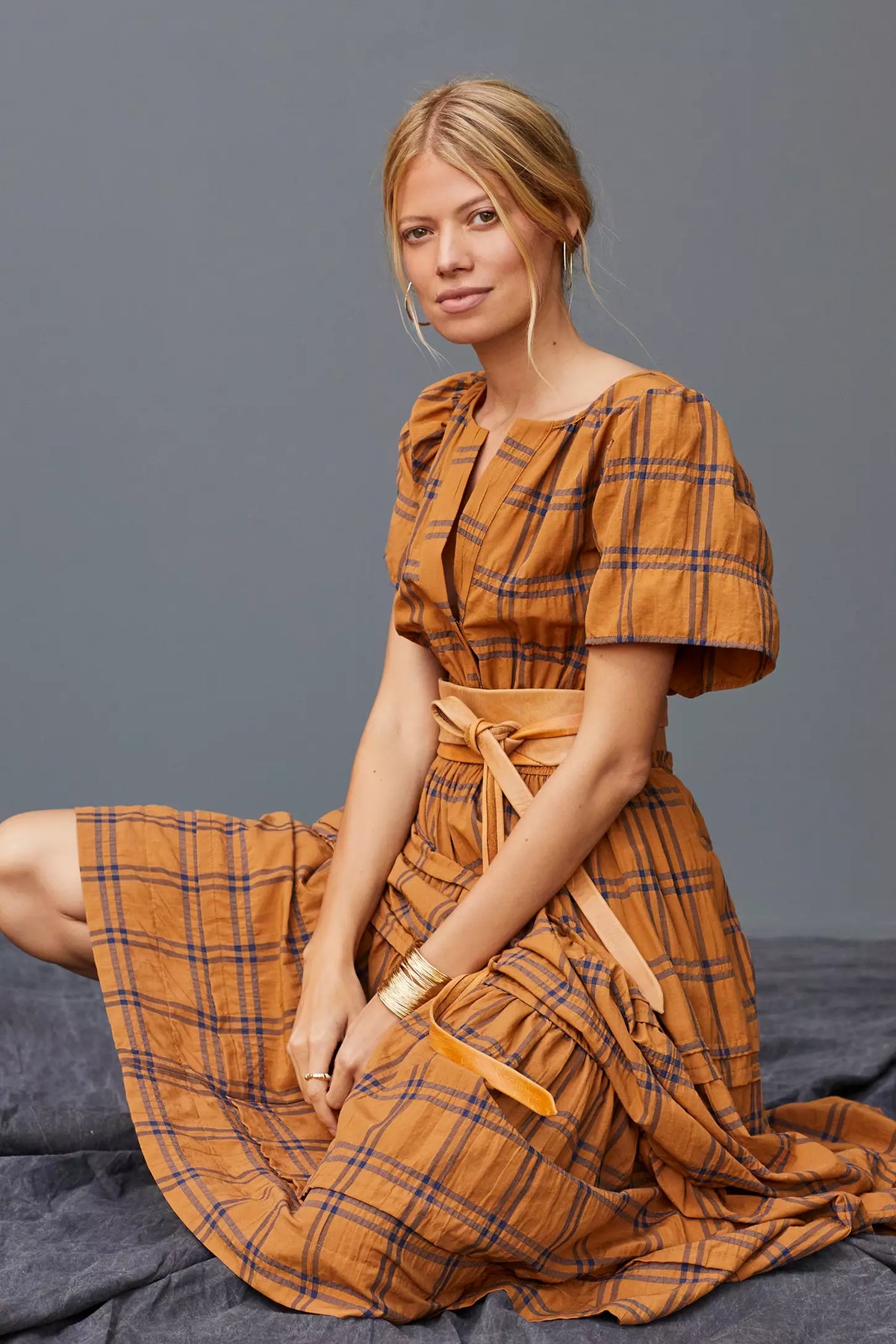 Anthropologie Maeve Somerset Maxi Dress in Mustard Plaid size XS