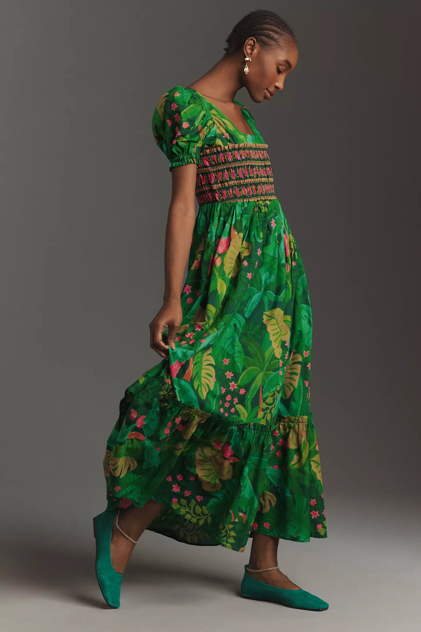 Farm Rio Puff-Sleeve Smocked Maxi Dress in Green size L