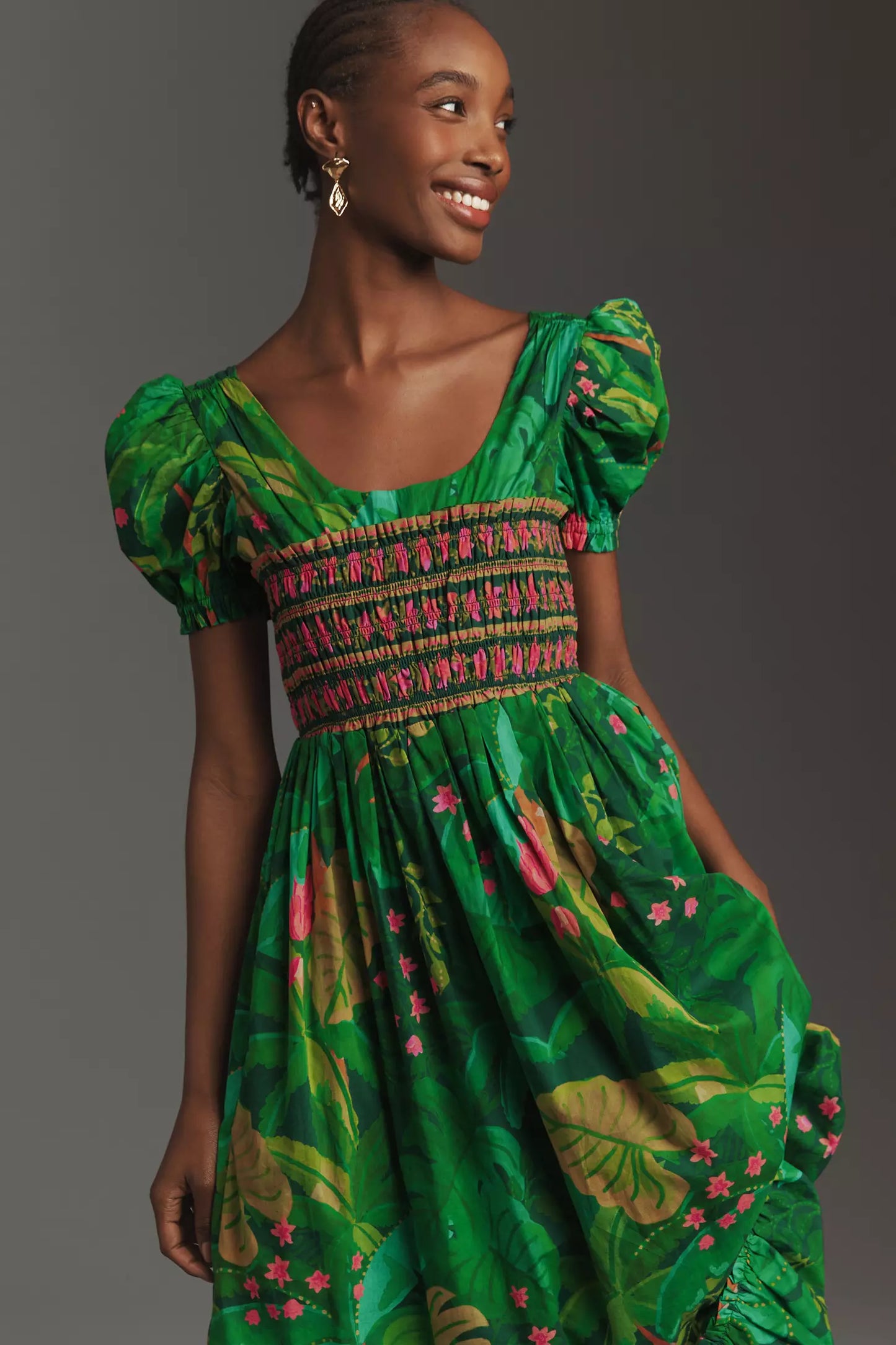 Farm Rio Puff-Sleeve Smocked Maxi Dress in Green size L