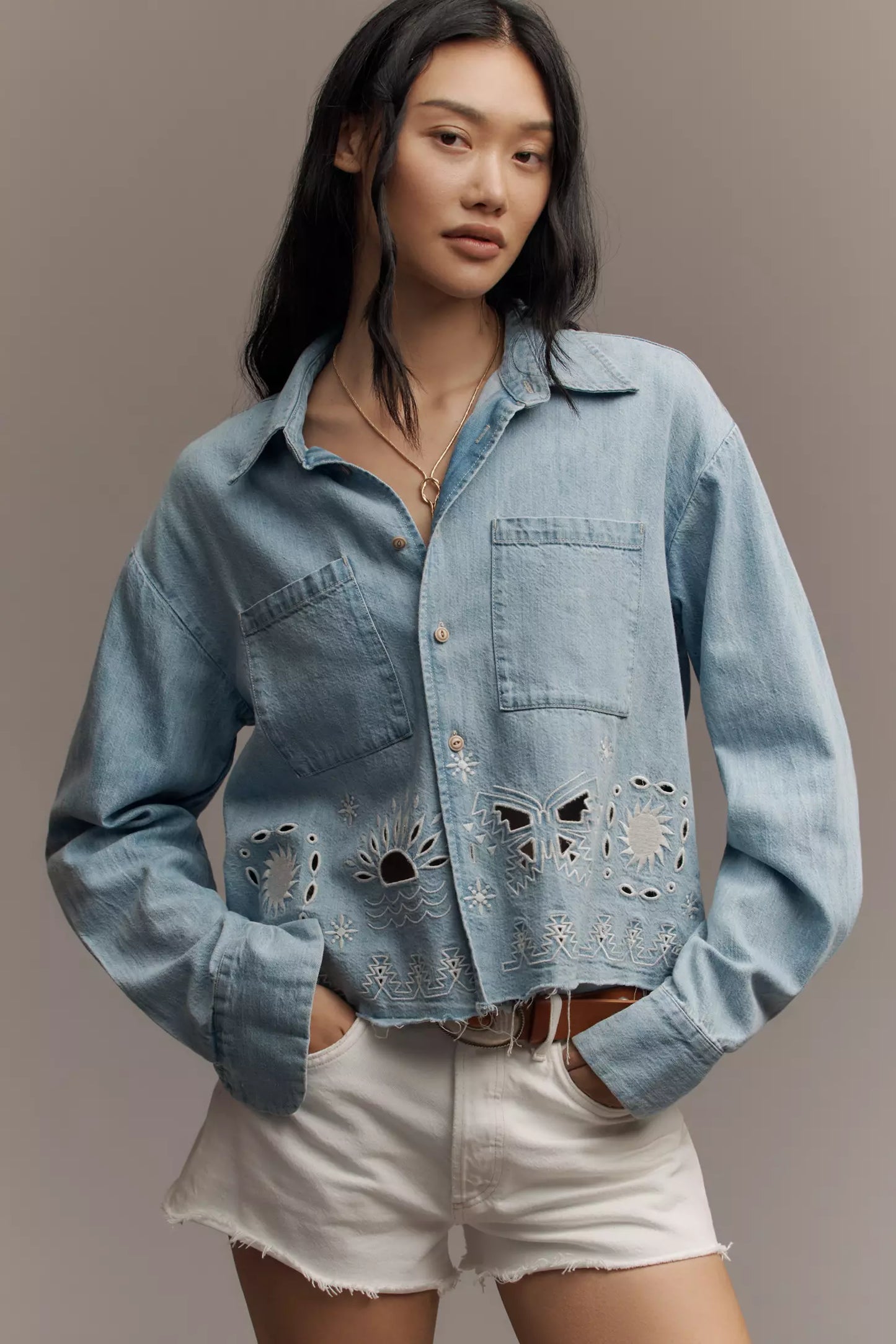 Mother The Roomie Double Frenchie Crop Fray Shirt Jacket size XS