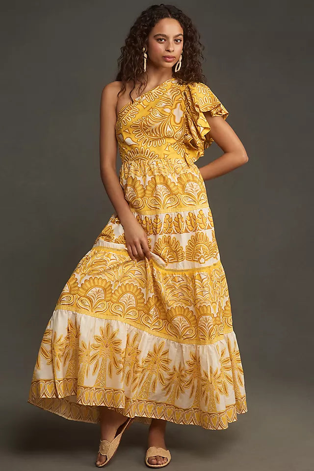 Farm Rio Yellow Ainika Tapestry One Shoulder Maxi Dress size XS