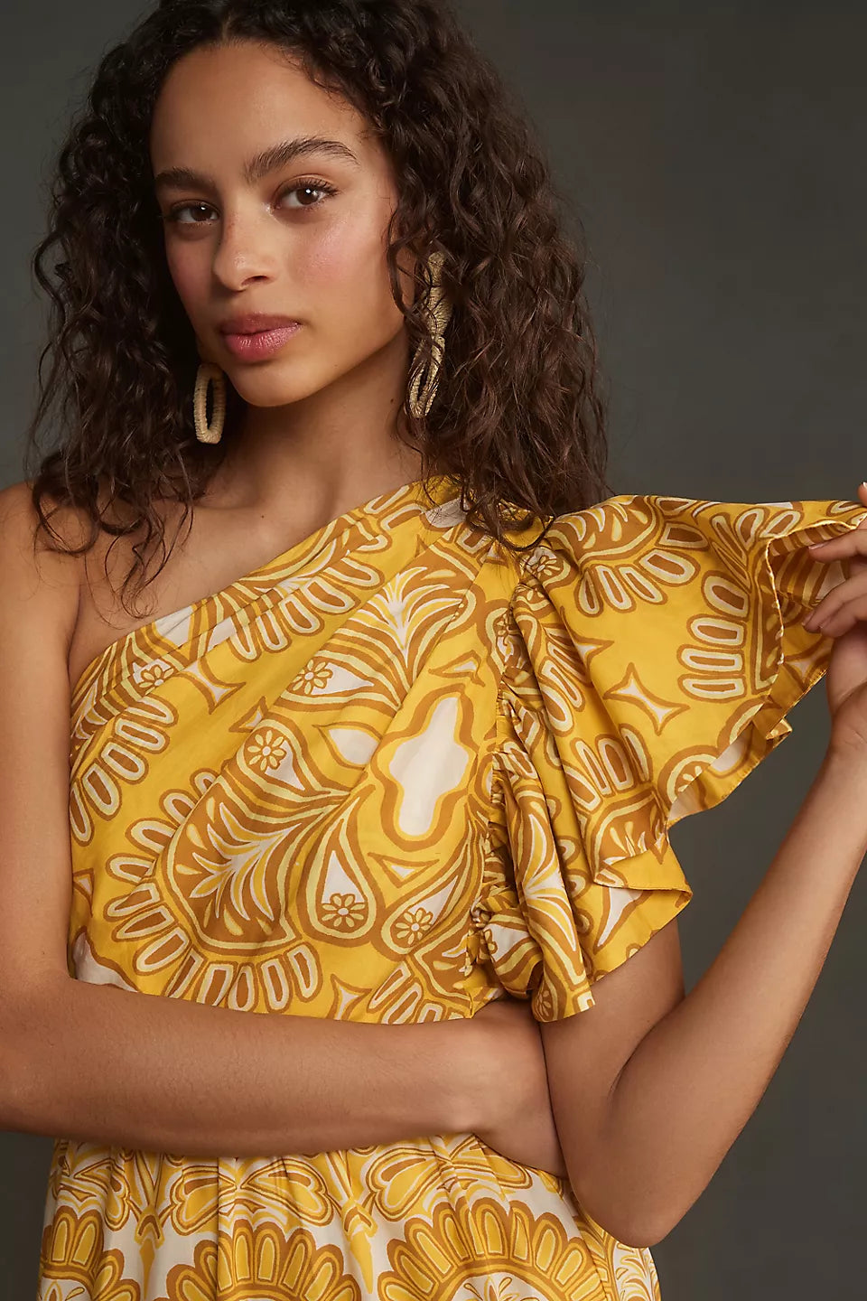 Farm Rio Yellow Ainika Tapestry One Shoulder Maxi Dress size XS