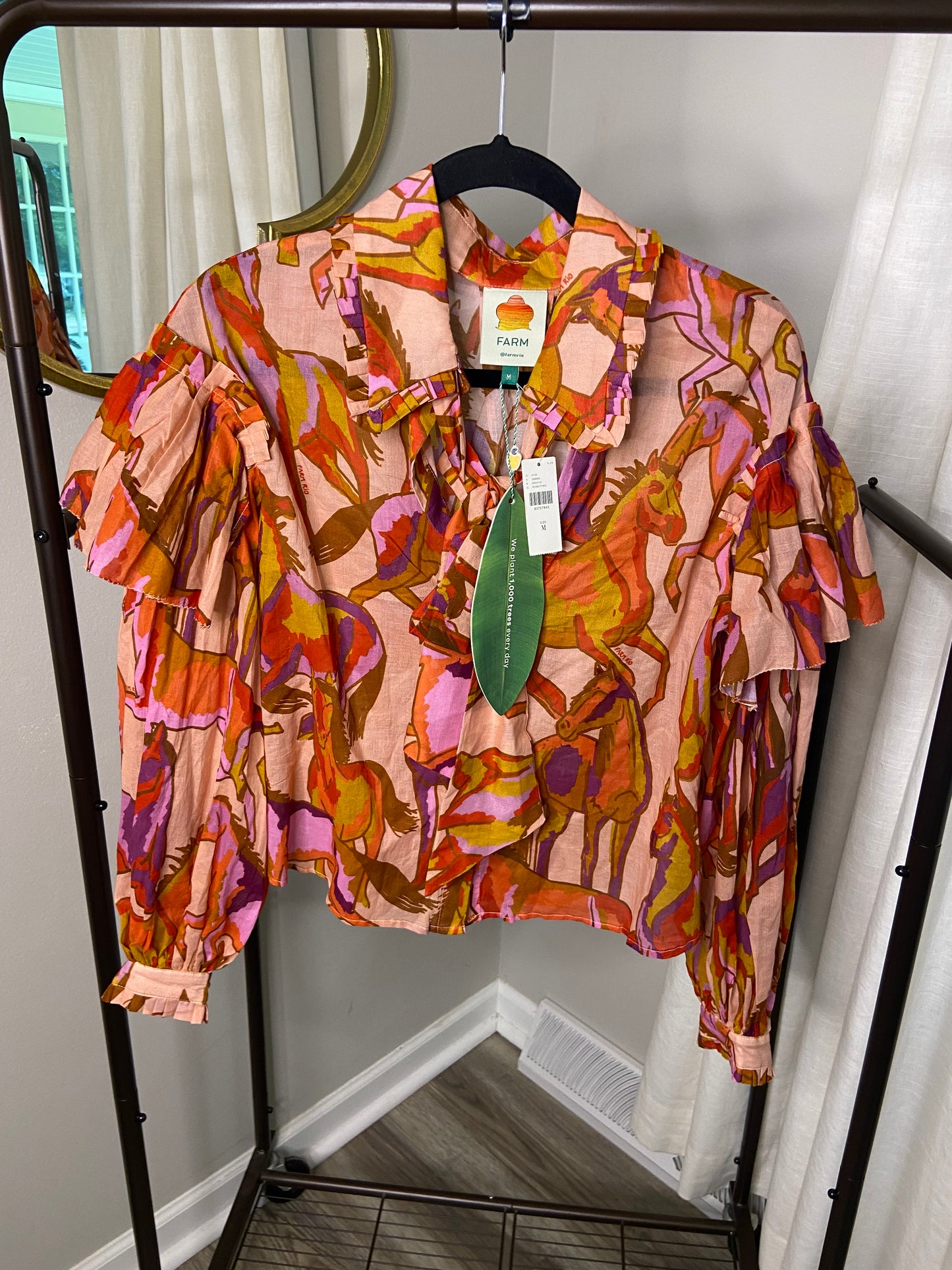 Farm Rio Wild Horses Rose Bow Neck Tie Blouse size M