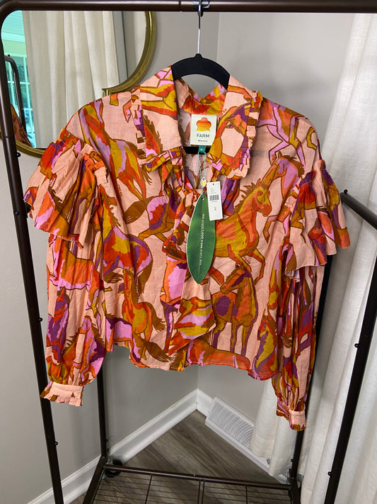 Farm Rio Wild Horses Rose Bow Neck Tie Blouse size M