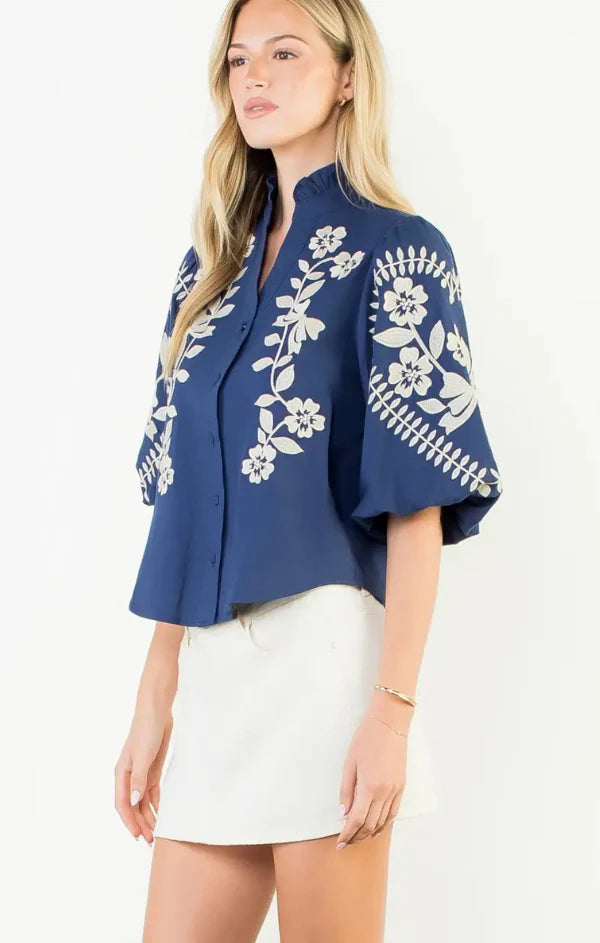 THML Polly Puff Sleeve Floral Embroidered Top size S
