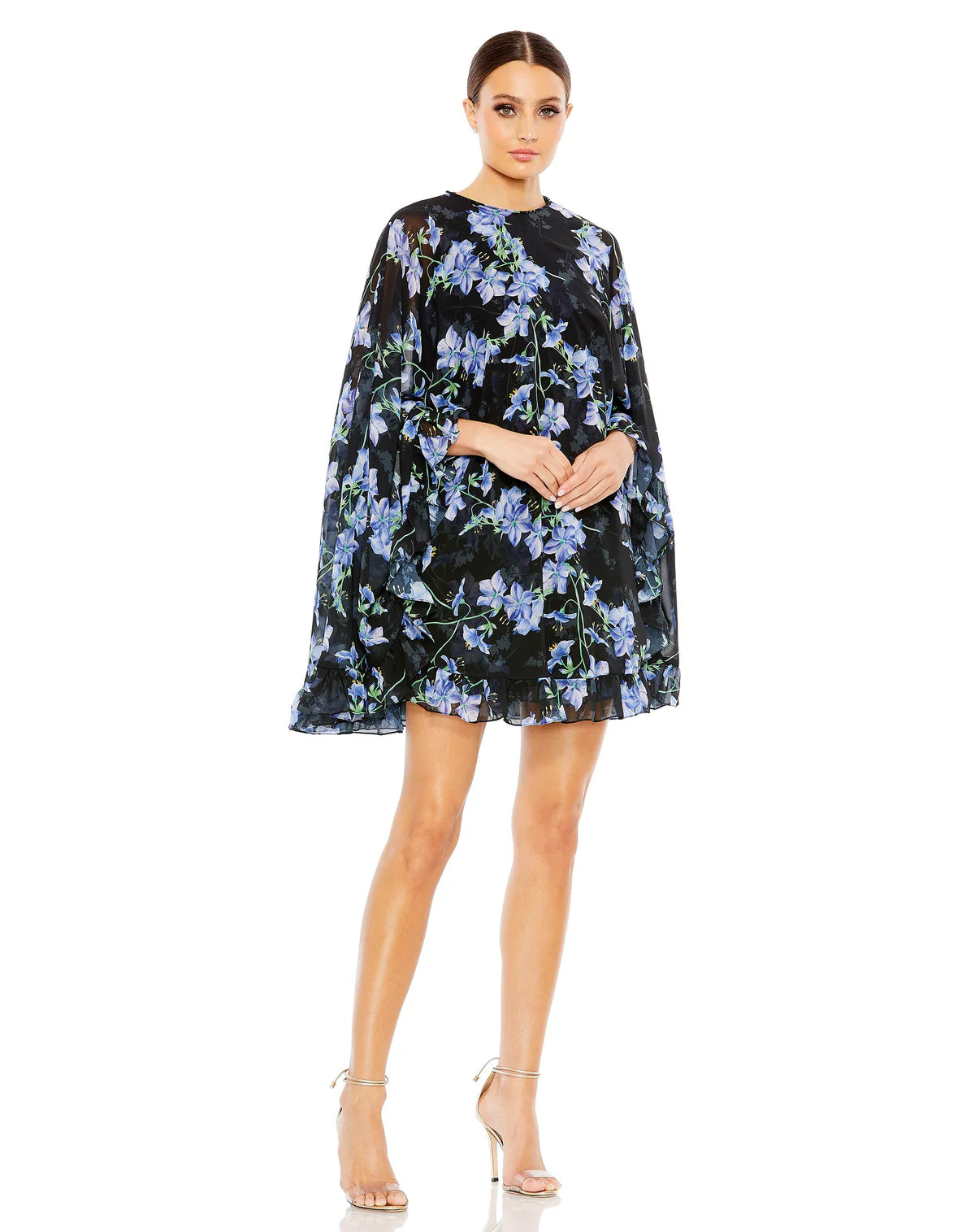 Macduggal Black Multi Floral Ruffle Cape Mini dress size 12