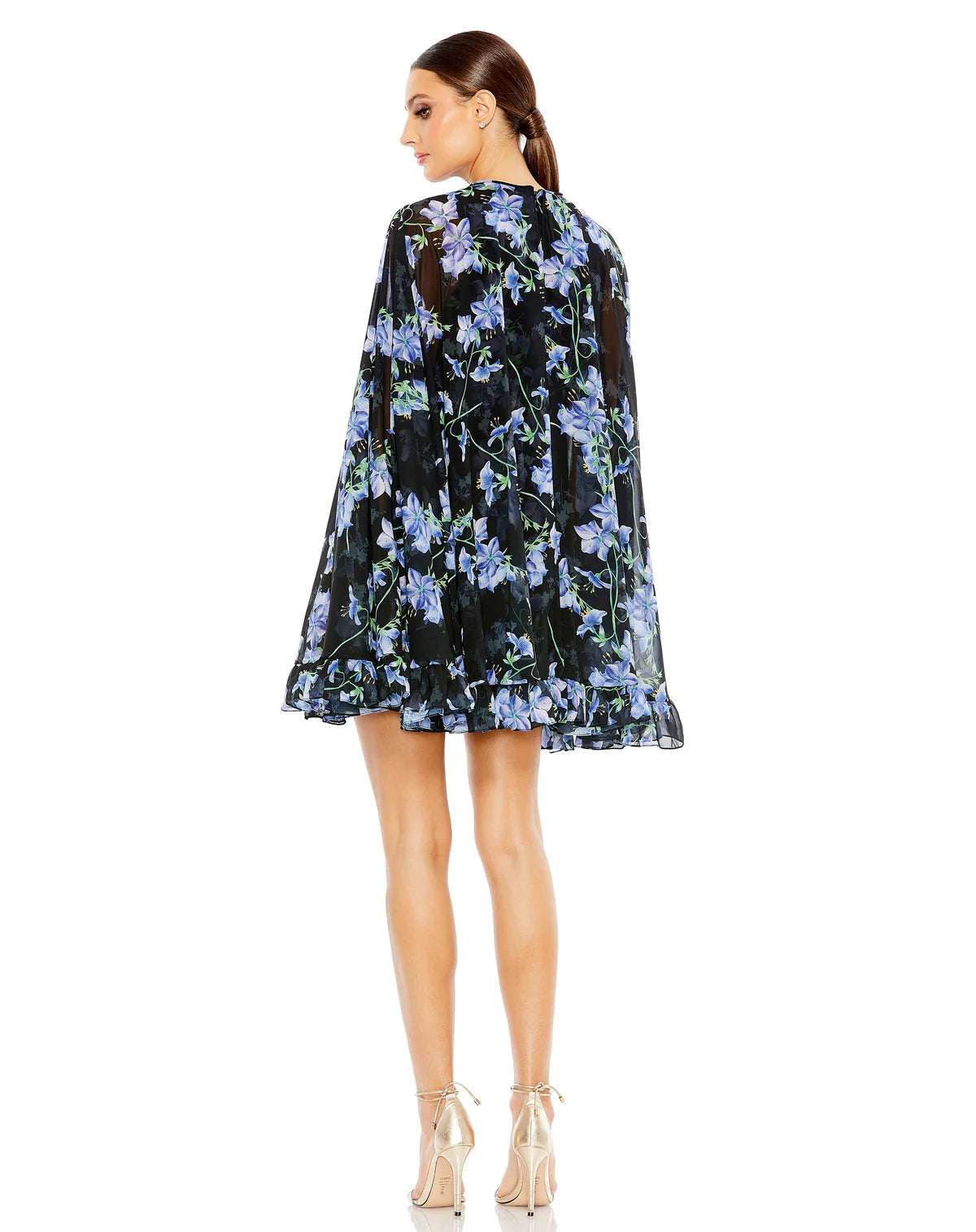 Macduggal Black Multi Floral Ruffle Cape Mini dress size 12