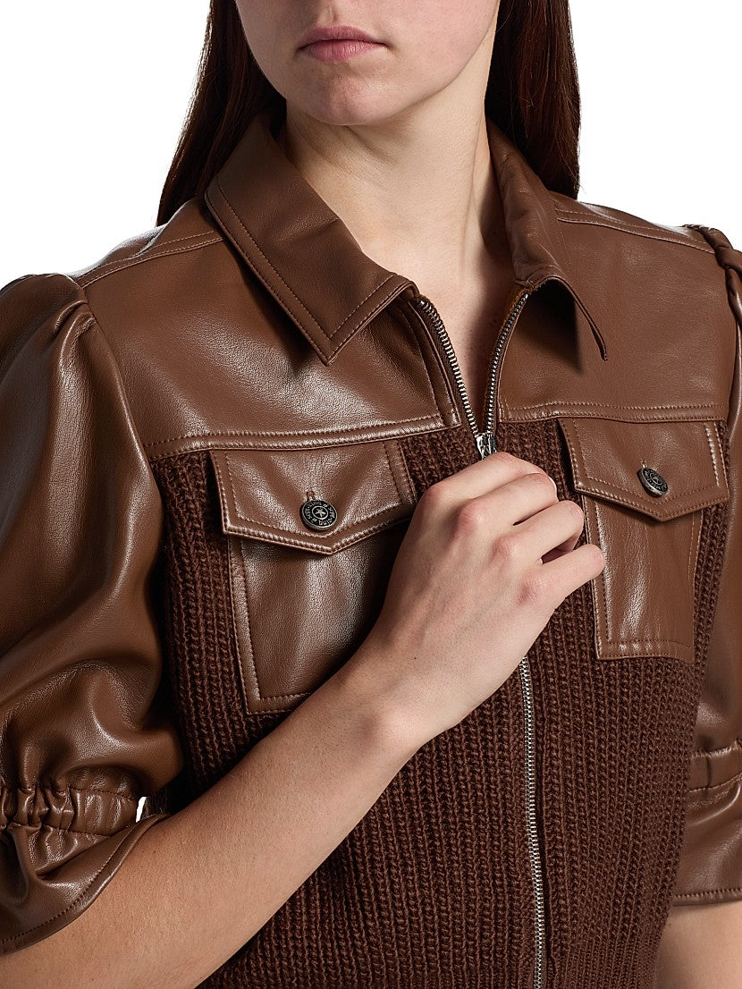 Cinq a Sept Holly Mixed Media Jacket Brown Chocolate Leather size XXS