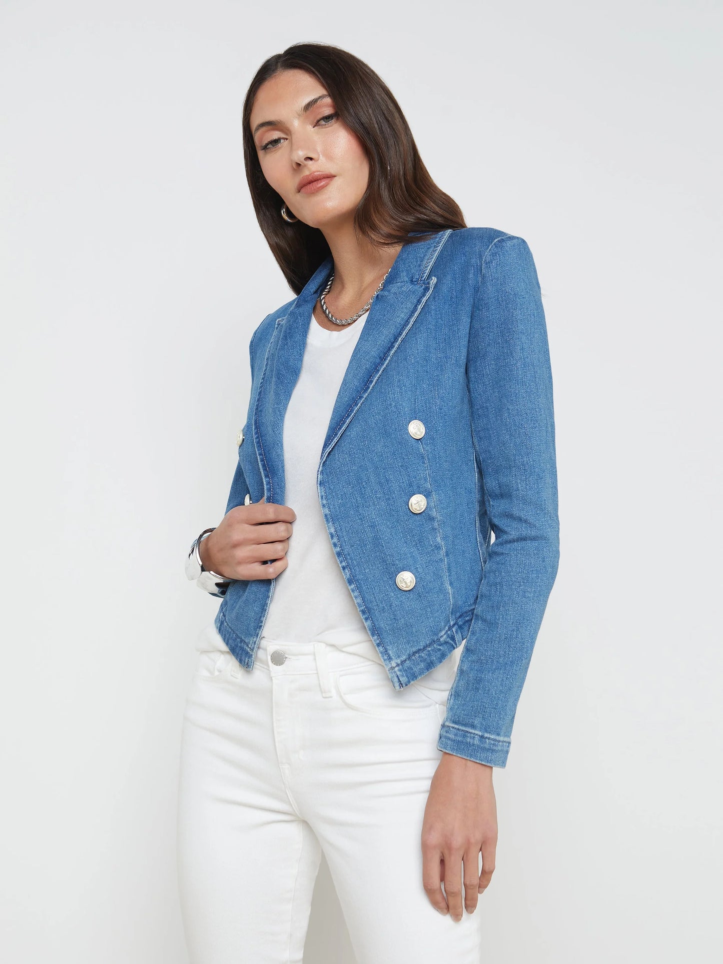 L'Agence Wayne Denim Double Breasted Cropped Blazer size M