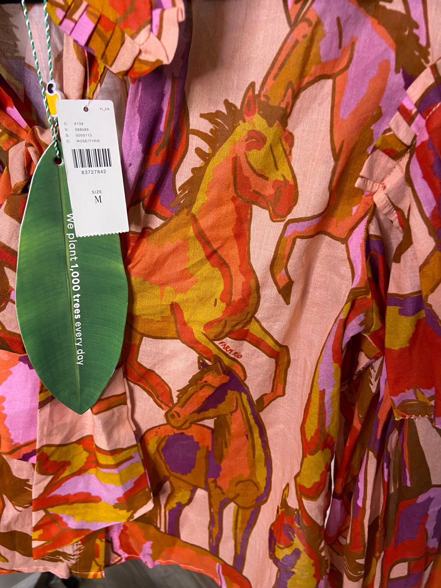 Farm Rio Wild Horses Rose Bow Neck Tie Blouse size M