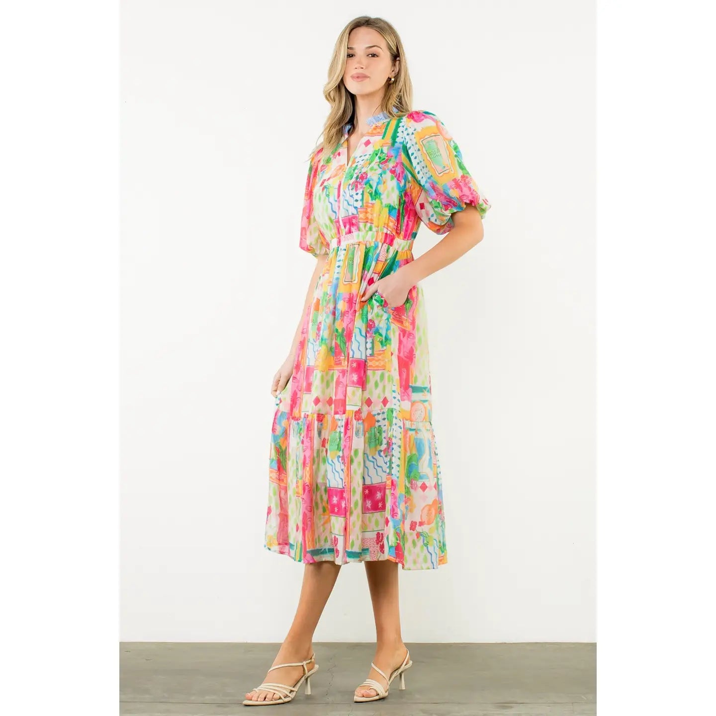 THML Printed Ruffle Collar Puff Sleeve Dress size L