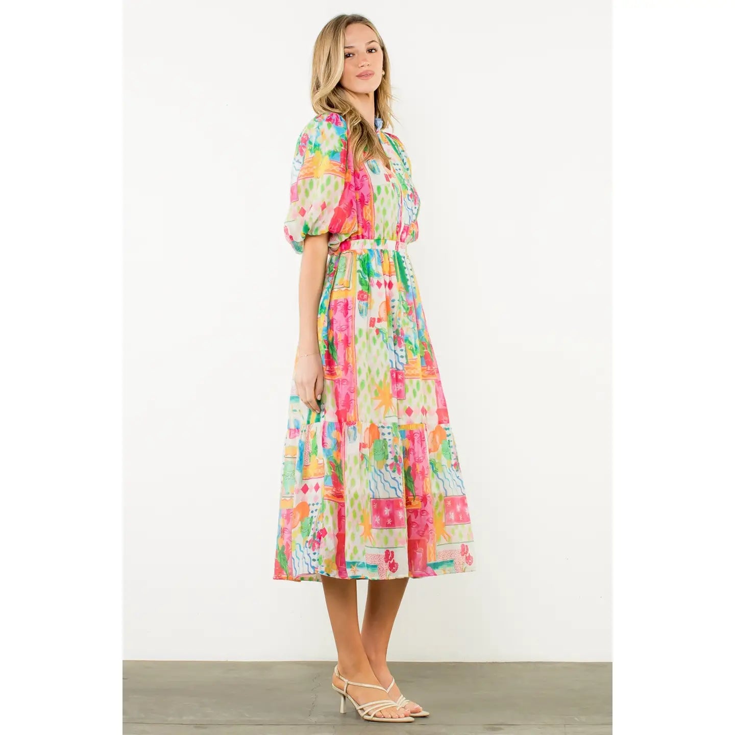 THML Printed Ruffle Collar Puff Sleeve Dress size L