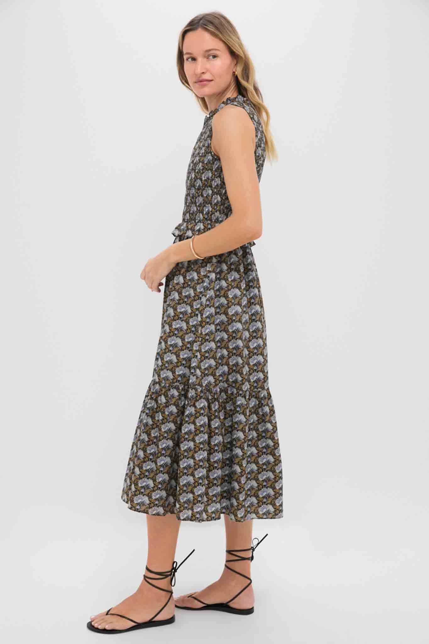 Hyacinth House Black Leafy Floral Smocked Seaton Midi Dress size S