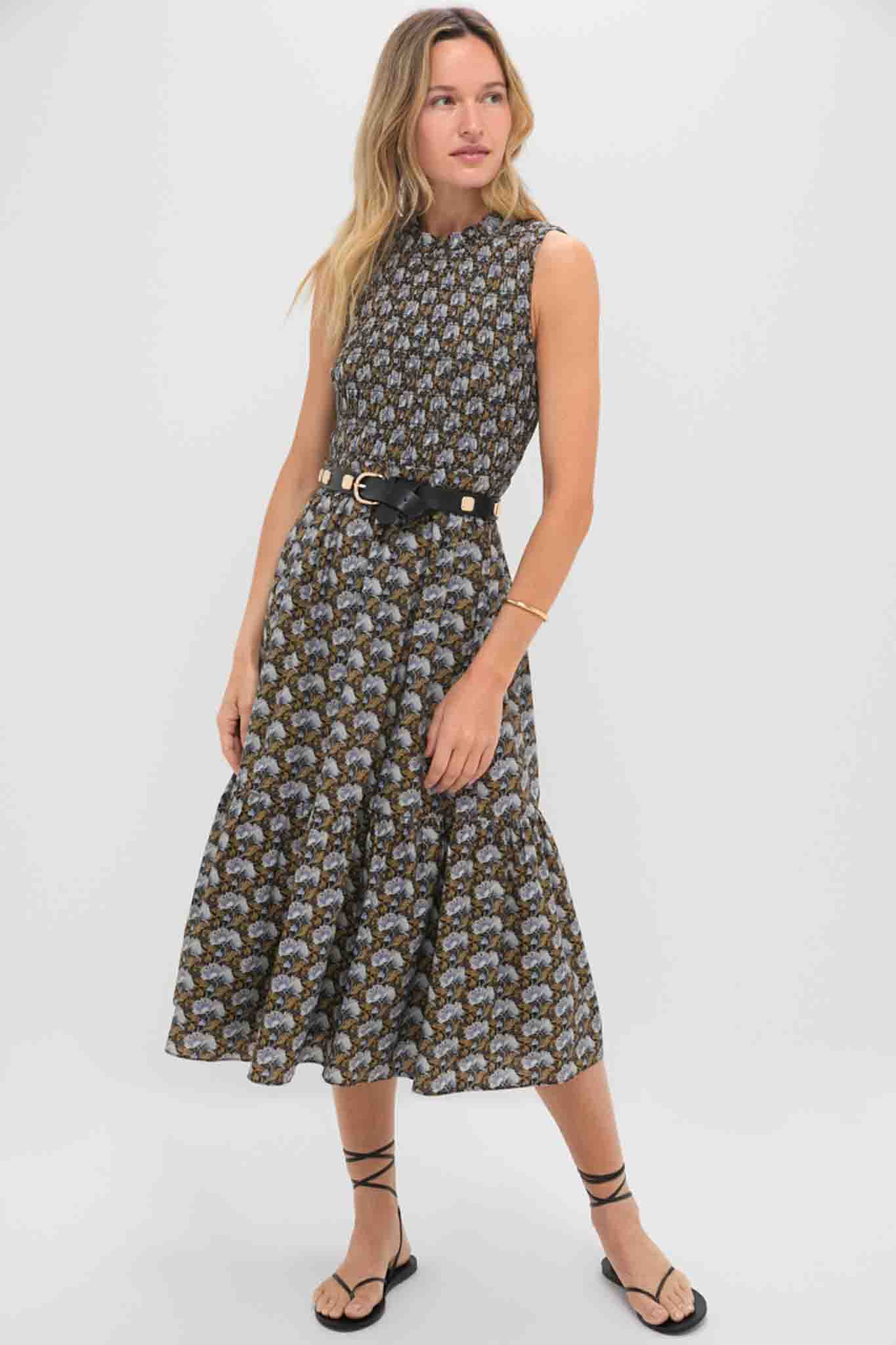 Hyacinth House Black Leafy Floral Smocked Seaton Midi Dress size S