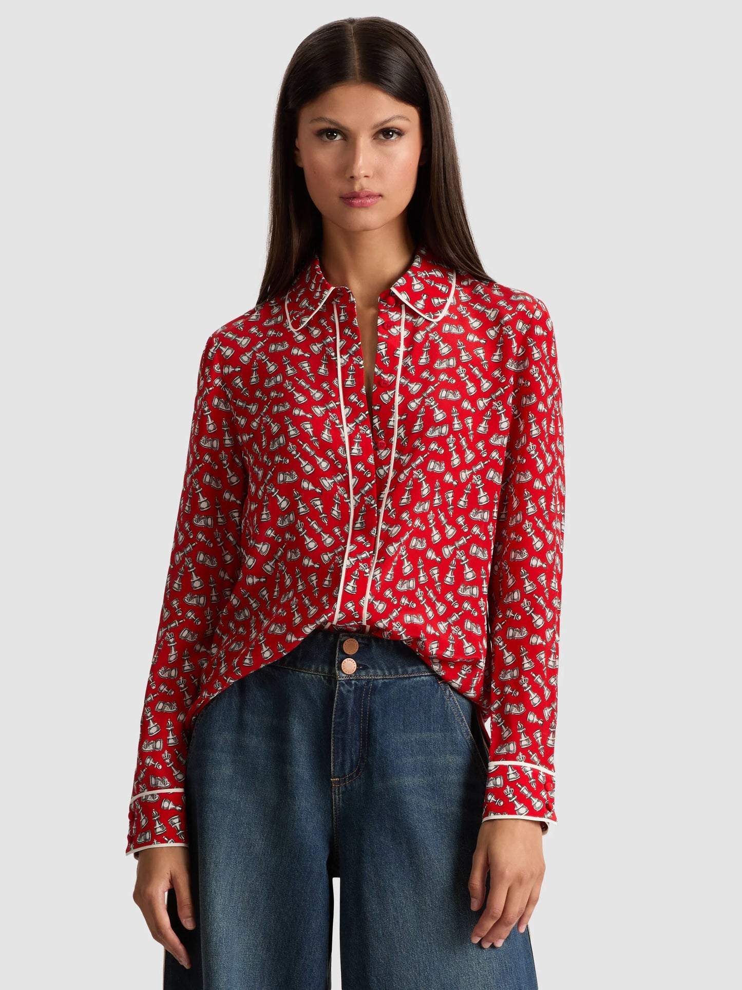 Alice + Olivia Willa Silk Blouse with Piping Chess size XS