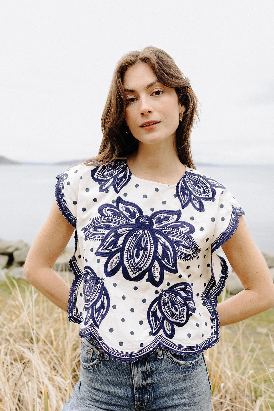 THML White Lotus Blouse with Blue Embroidery size M