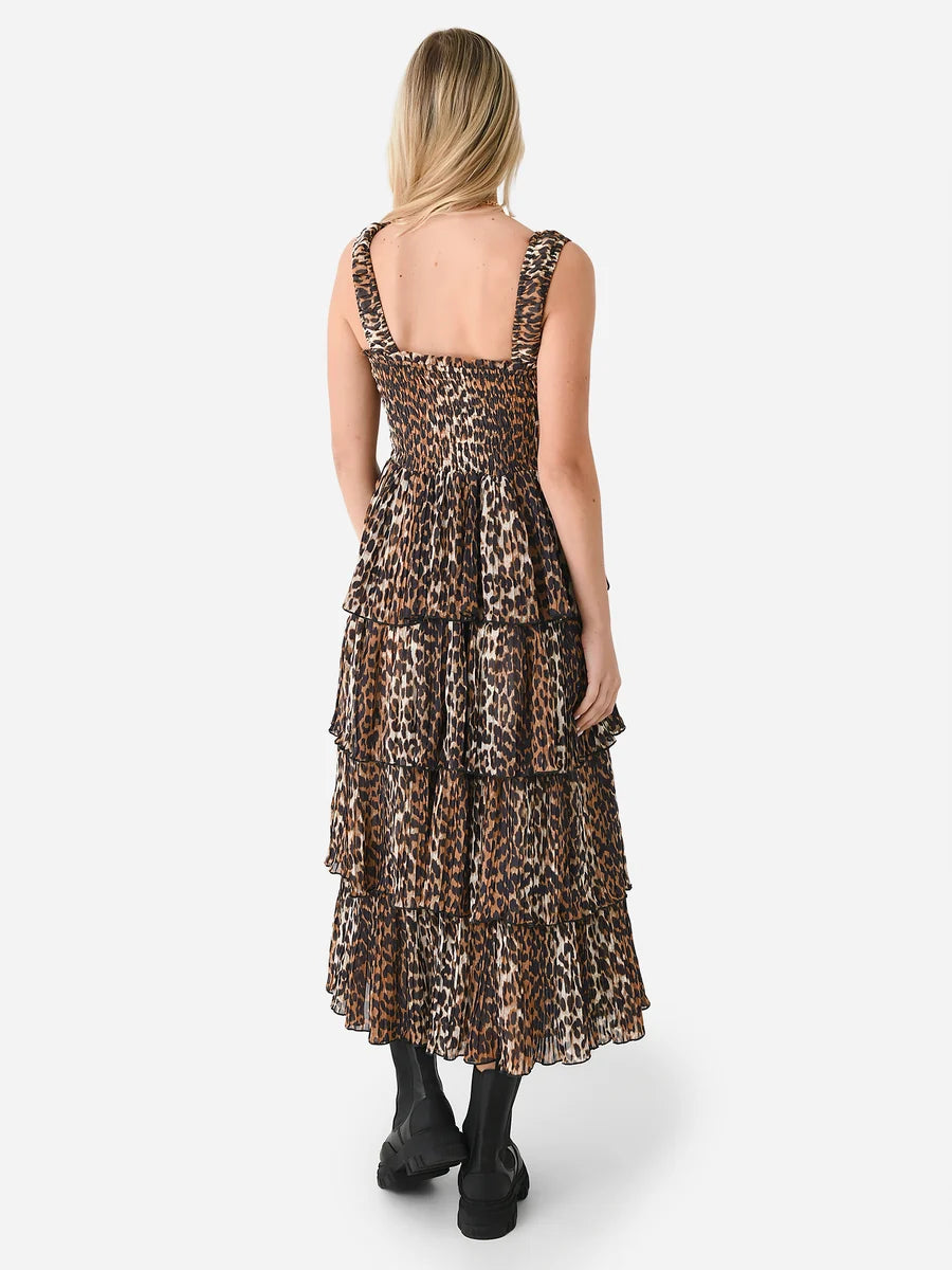Ganni Pleated Georgette Flounce Smock Midi Dress in Leopard size 34 US 2