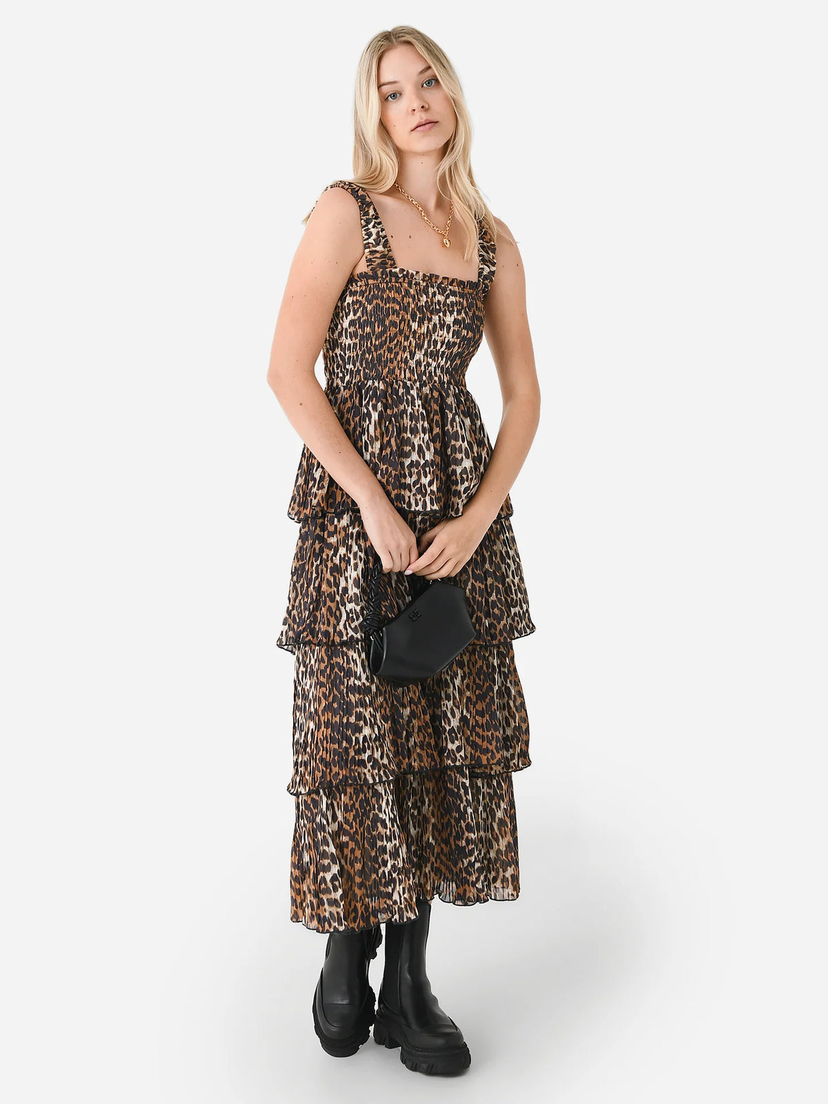 Ganni Pleated Georgette Flounce Smock Midi Dress in Leopard size 34 US 2