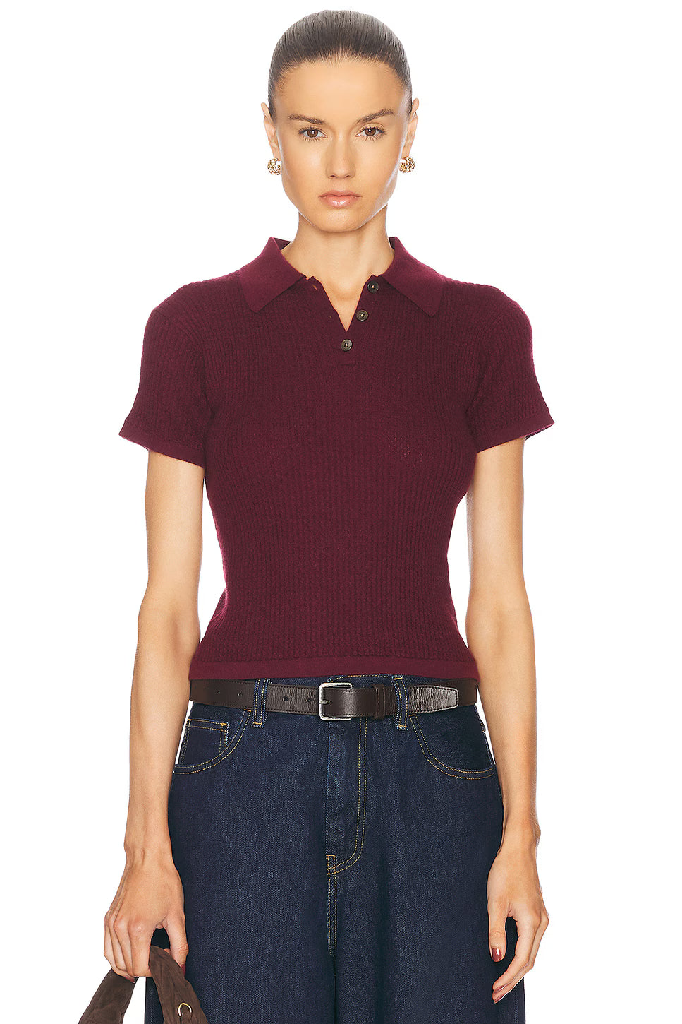 Guest in Residence Shrunken Cashmere Polo Top in Plum size M