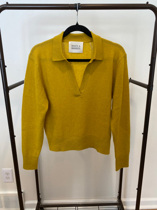White + Warren Cashmere Long-Sleeved Polo in Chartreuse Yellow size L