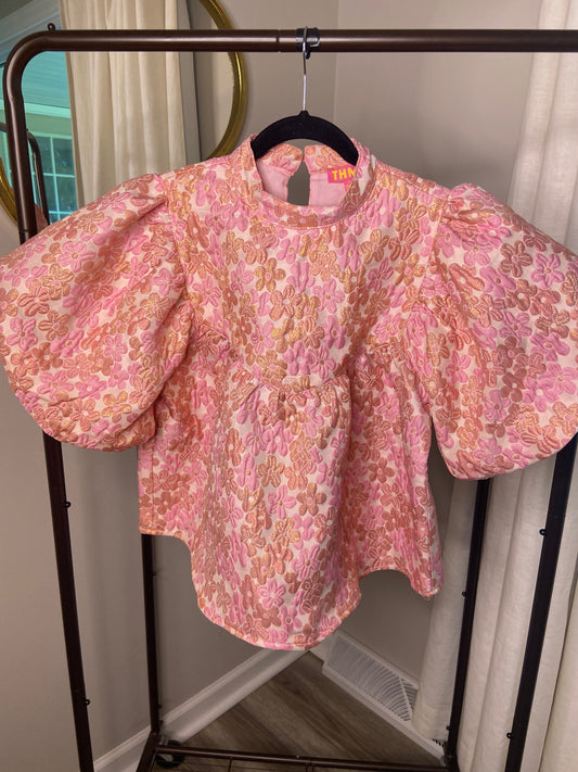 THML Puff Sleeve Flower Textured Top size S