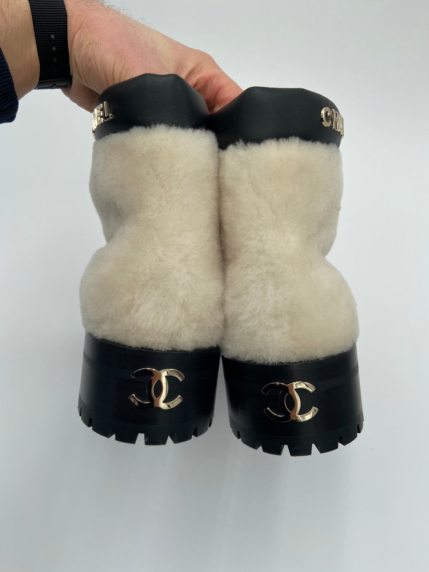 Chanel Shearling Lambskin Ivory Metal Logo Ankle Boots size 41
