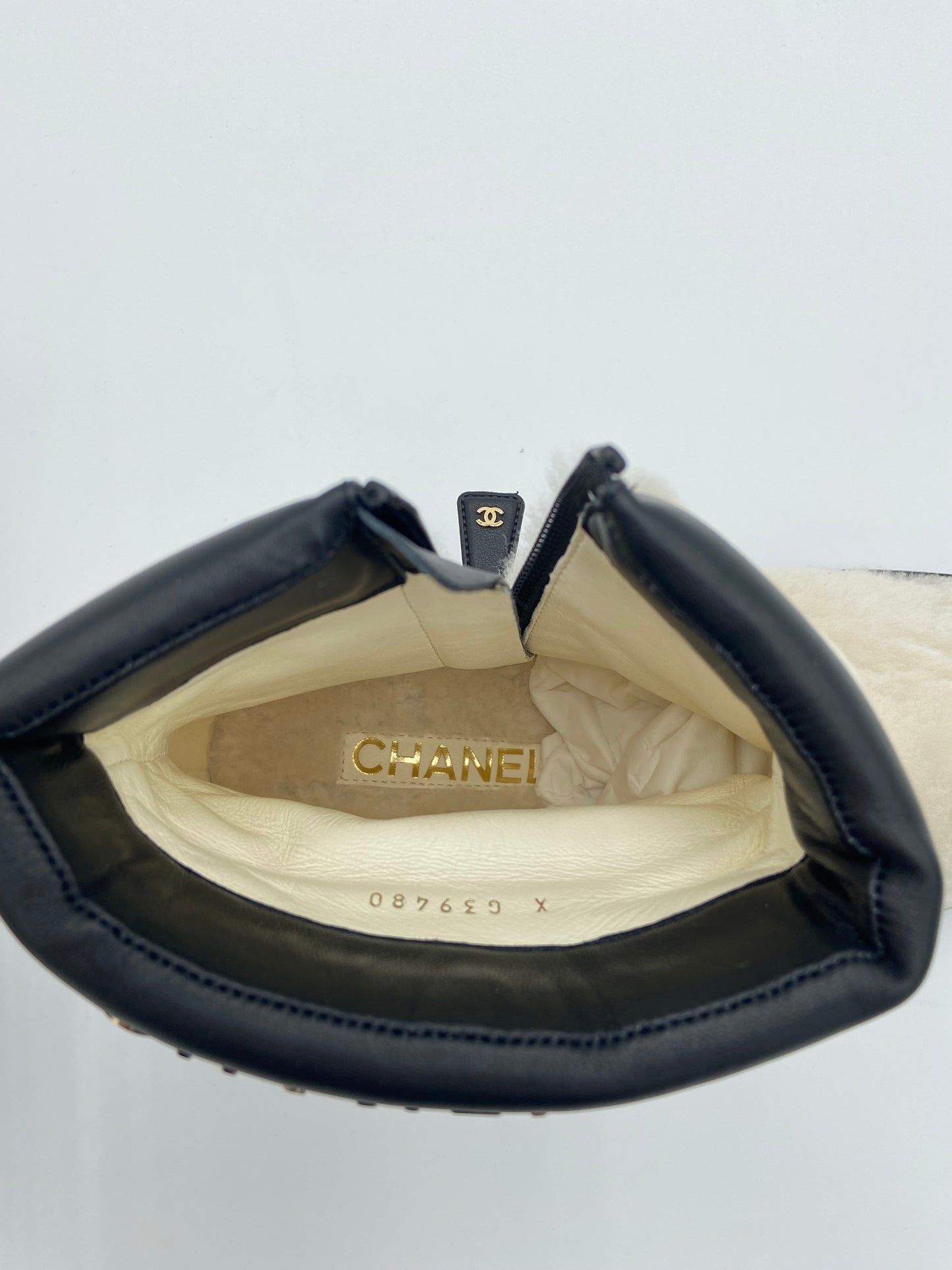 Chanel Shearling Lambskin Ivory Metal Logo Ankle Boots size 41