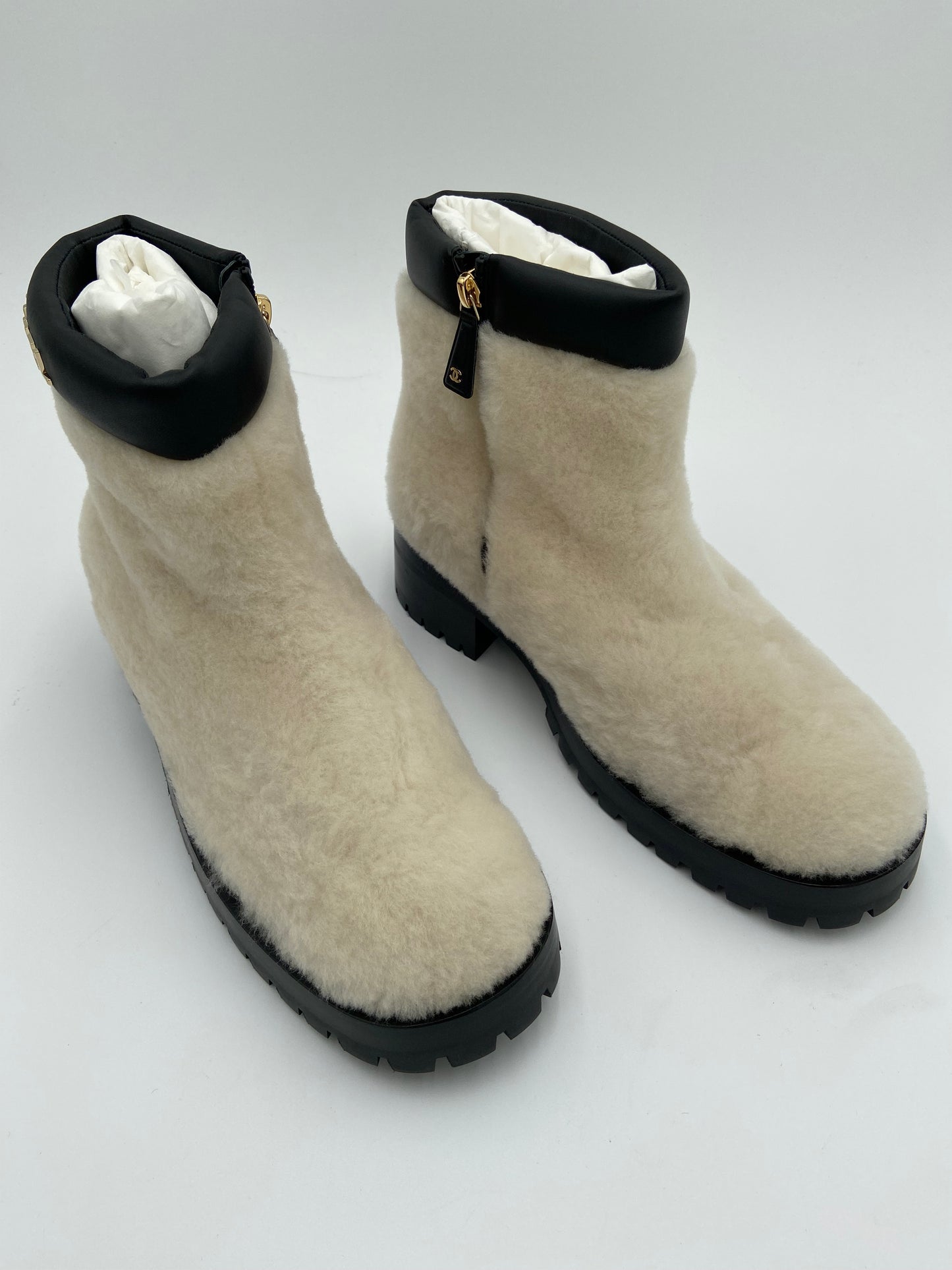 Chanel Shearling Lambskin Ivory Metal Logo Ankle Boots size 41