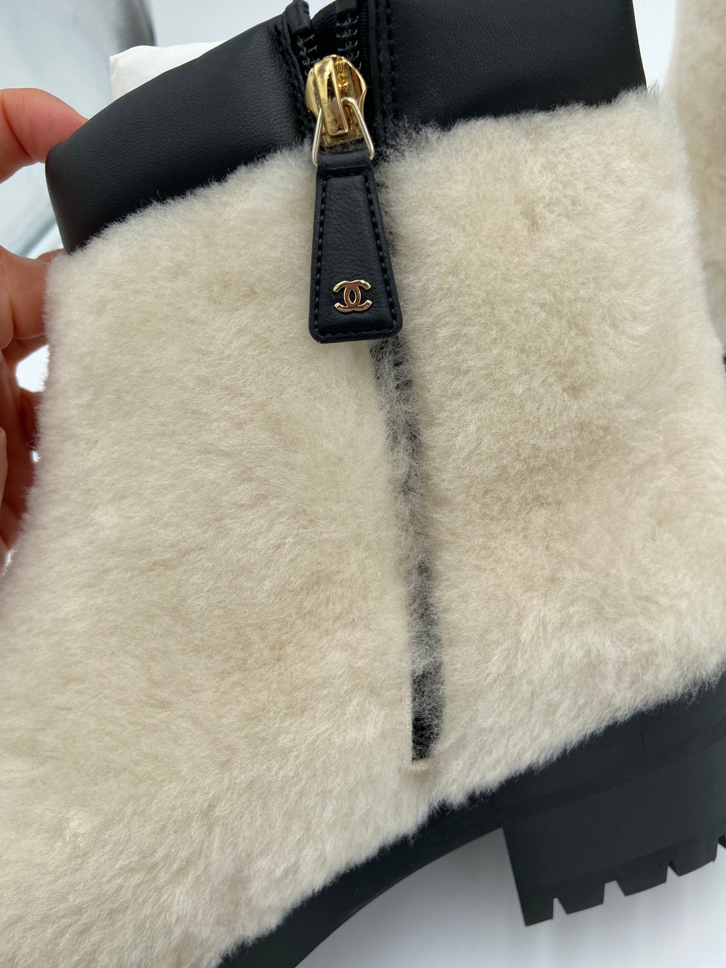 Chanel Shearling Lambskin Ivory Metal Logo Ankle Boots size 41
