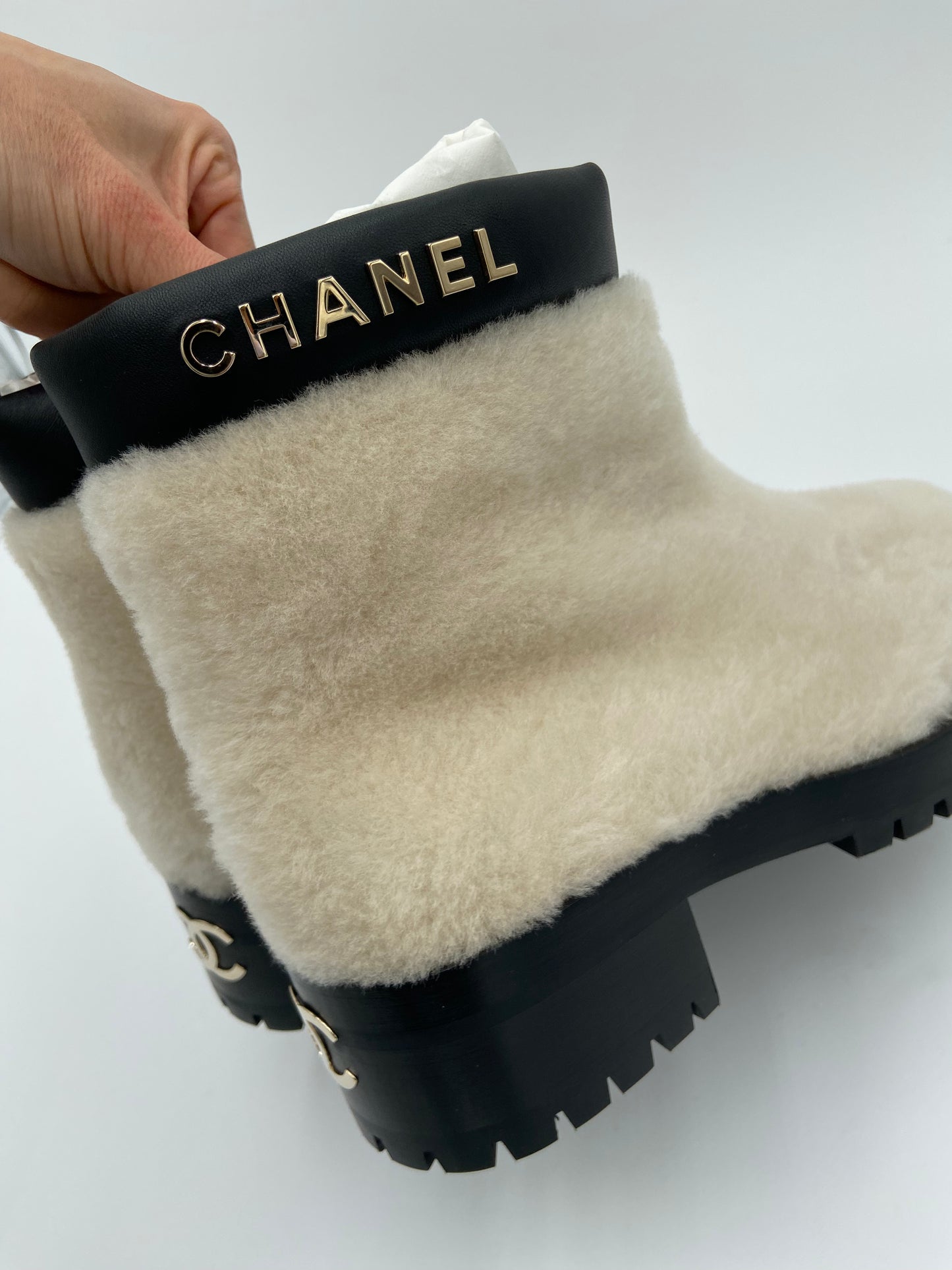 Chanel Shearling Lambskin Ivory Metal Logo Ankle Boots size 41