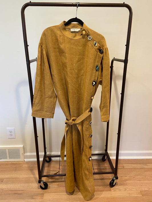 Tory Burch Belted Button-embellished Linen Midi Dress In Neutral size 14