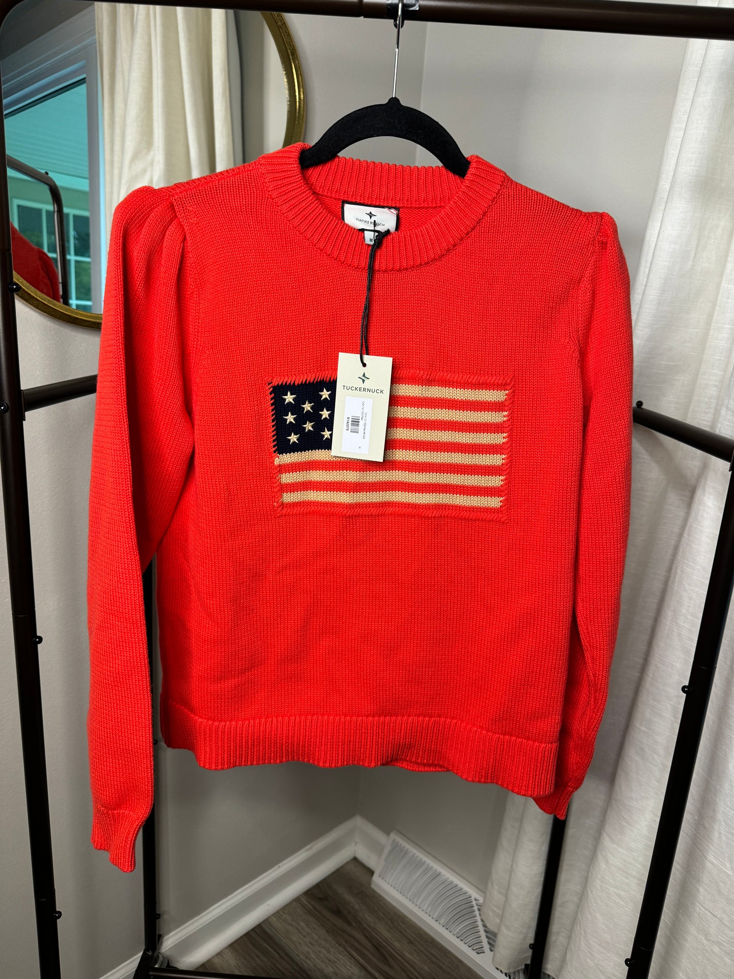 Tuckernuck Americana Cropped Puff Sleeve Flag Sweater size M