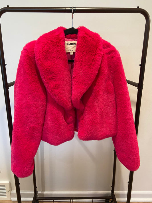 L'Agence Davy Crop Faux Fur Coat Fuchsia size 6