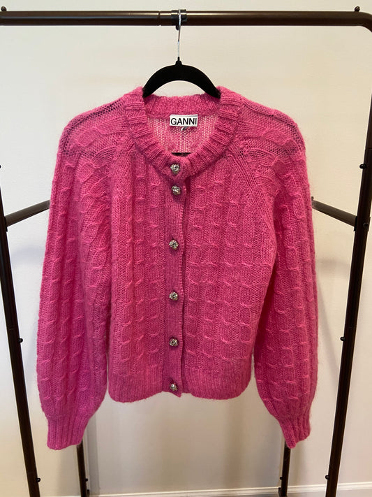 Ganni Cable Knit Mohair-Blend Cardigan Pink size S
