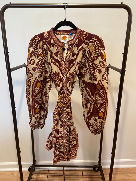 Farm Rio Long-Sleeve Mini Swing Dress in Passion scarf size XS