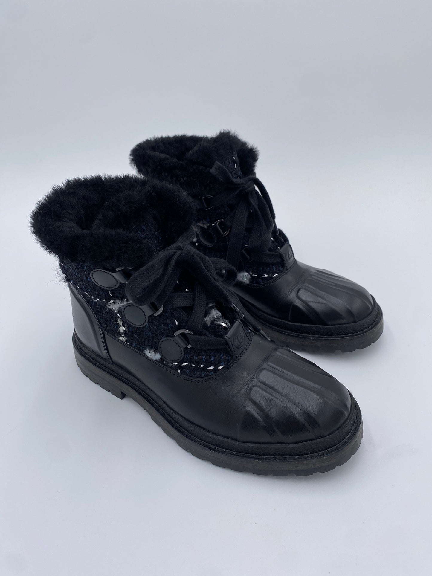 Chanel Tweed Rubber Ankle Boots size 37.5